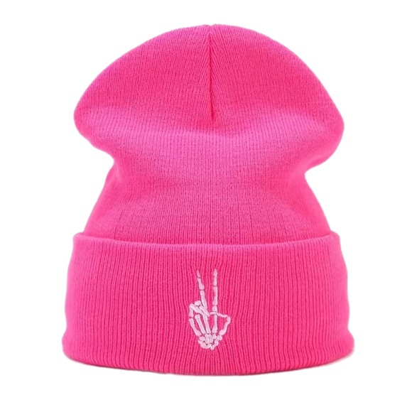 Accessories - Hot Pink Beanie Style Hat Skeleton Hands Peace Sign Embroidered Design New